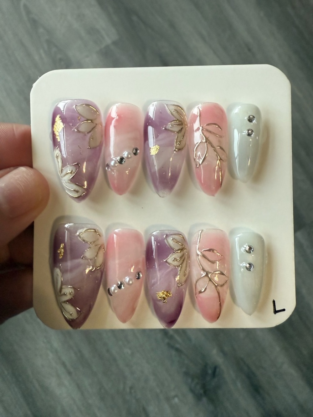 Hand-Painted Pink & Purple Floral Press-On Nail Set